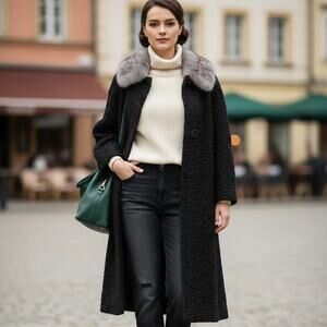 Vintage Astrakin Lepshire Lambs Curl Wool Mink Collar Coat Made in France, Large